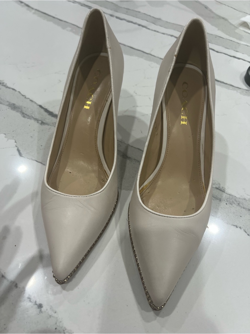 Coach Cream Pointed-Toe Leather Heels with Chain Trim